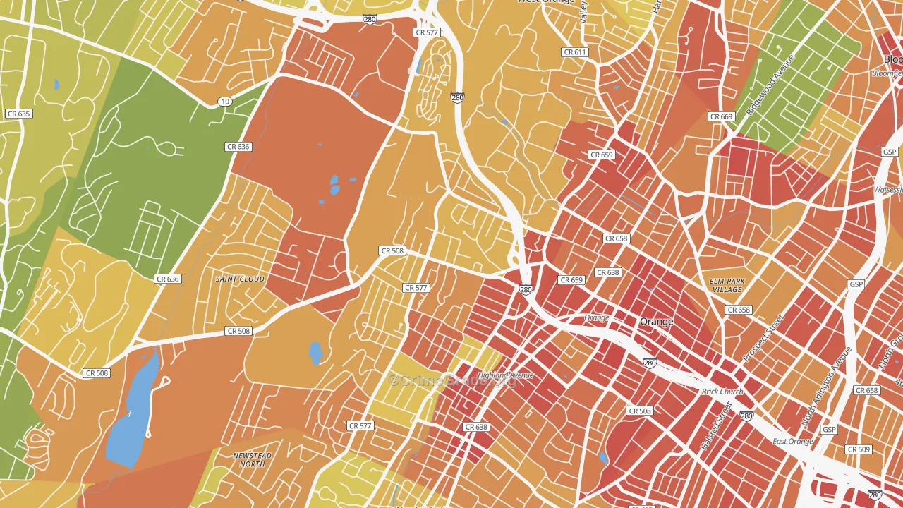 Hutton Park, West Orange, NJ Map of Robbery Rates
