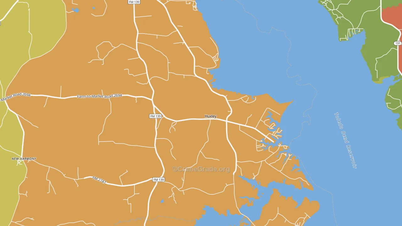 Huxley, TX Map of Robbery Rates
