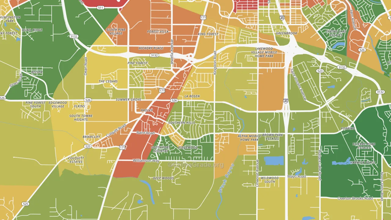 Hyde Park-Brookwood-Southern Hills, Shreveport, LA Map of Robbery Rates