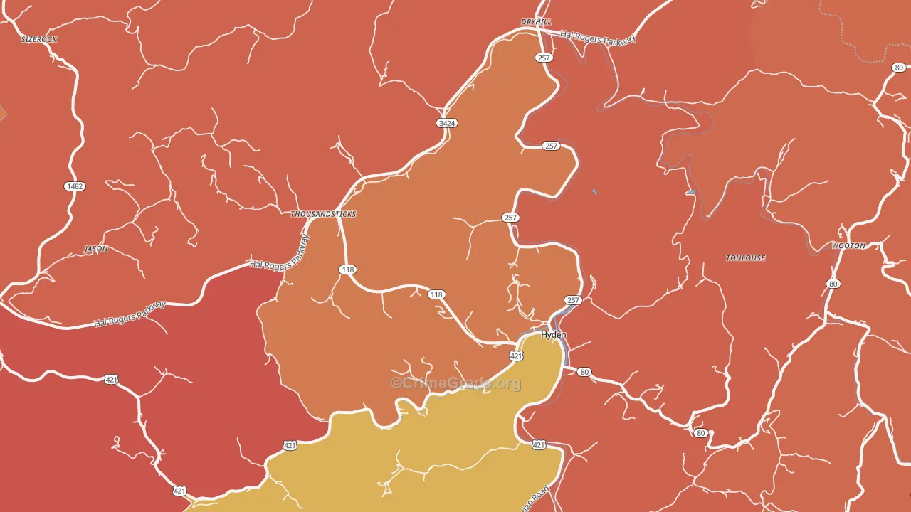 Hyden, KY Map of Robbery Rates