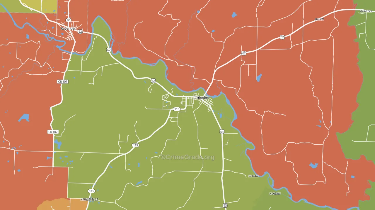 Imboden, AR Map of Robbery Rates