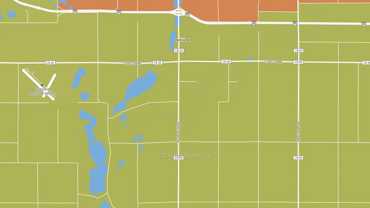 Imogene, MN Map of Robbery Rates
