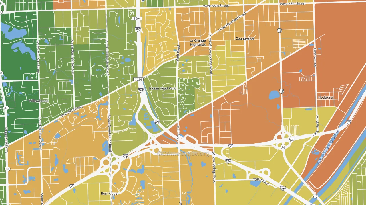 Indian Head Park, IL Map of Robbery Rates