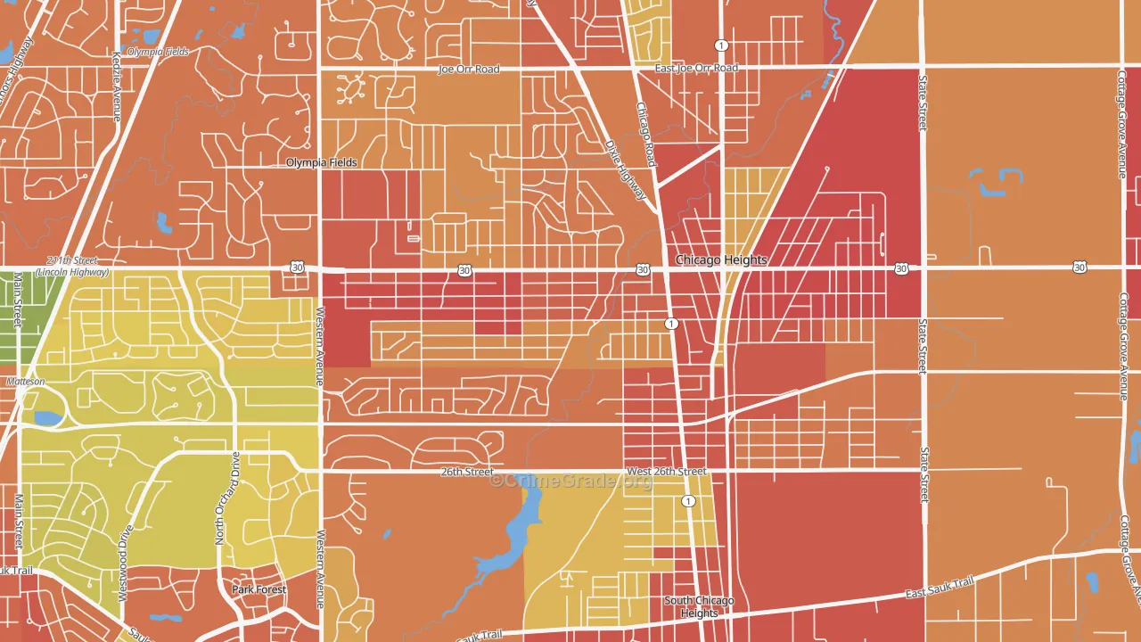 Indian Hill, Chicago Heights, IL Map of Robbery Rates