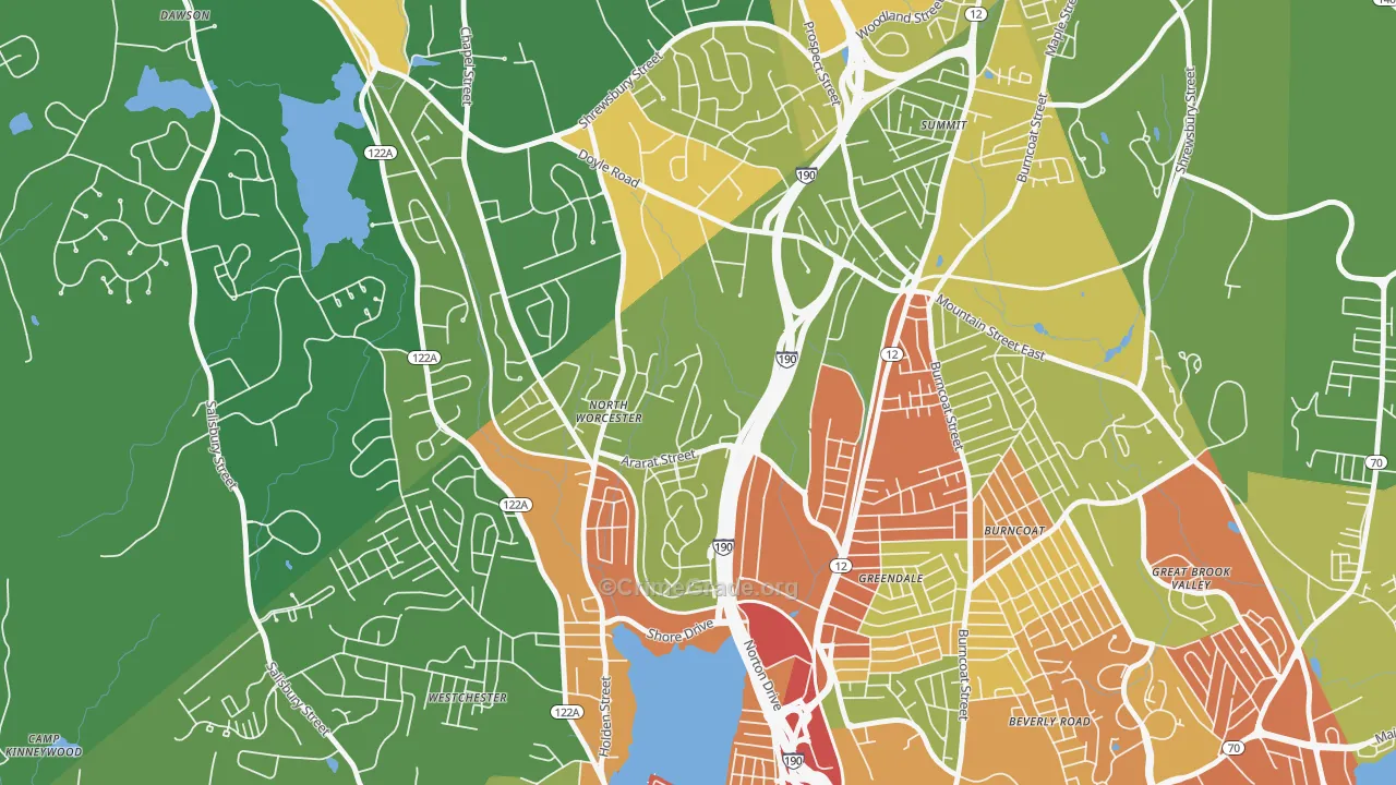 Indian Hill, Worcester, MA Map of Robbery Rates