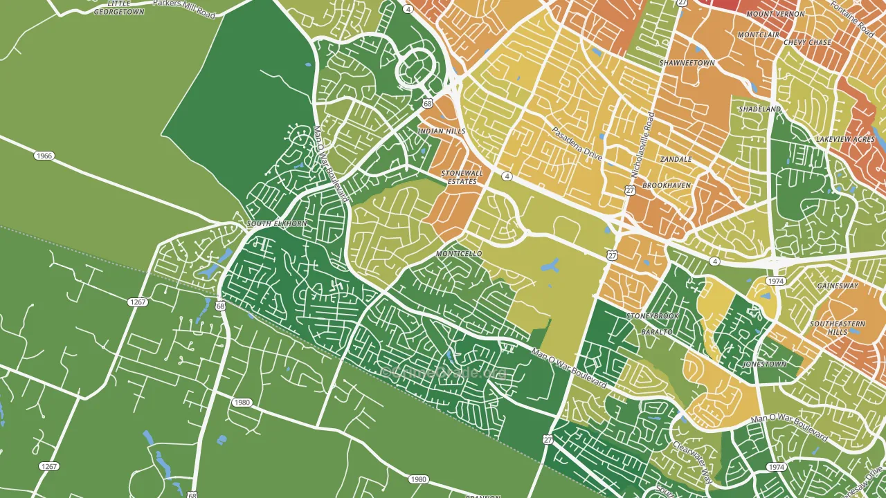Indian Hills-Stonewall Estates-Monticello, Lexington, KY Map of Robbery Rates