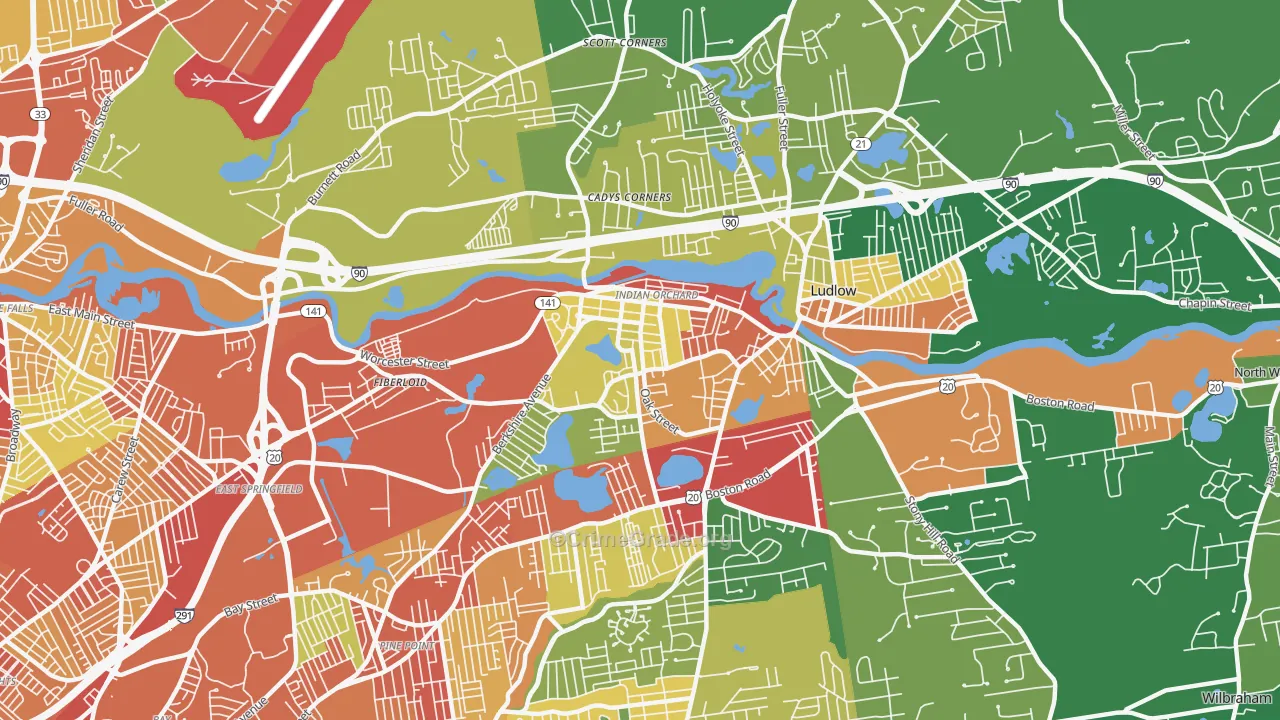 Indian Orchard, MA Map of Robbery Rates