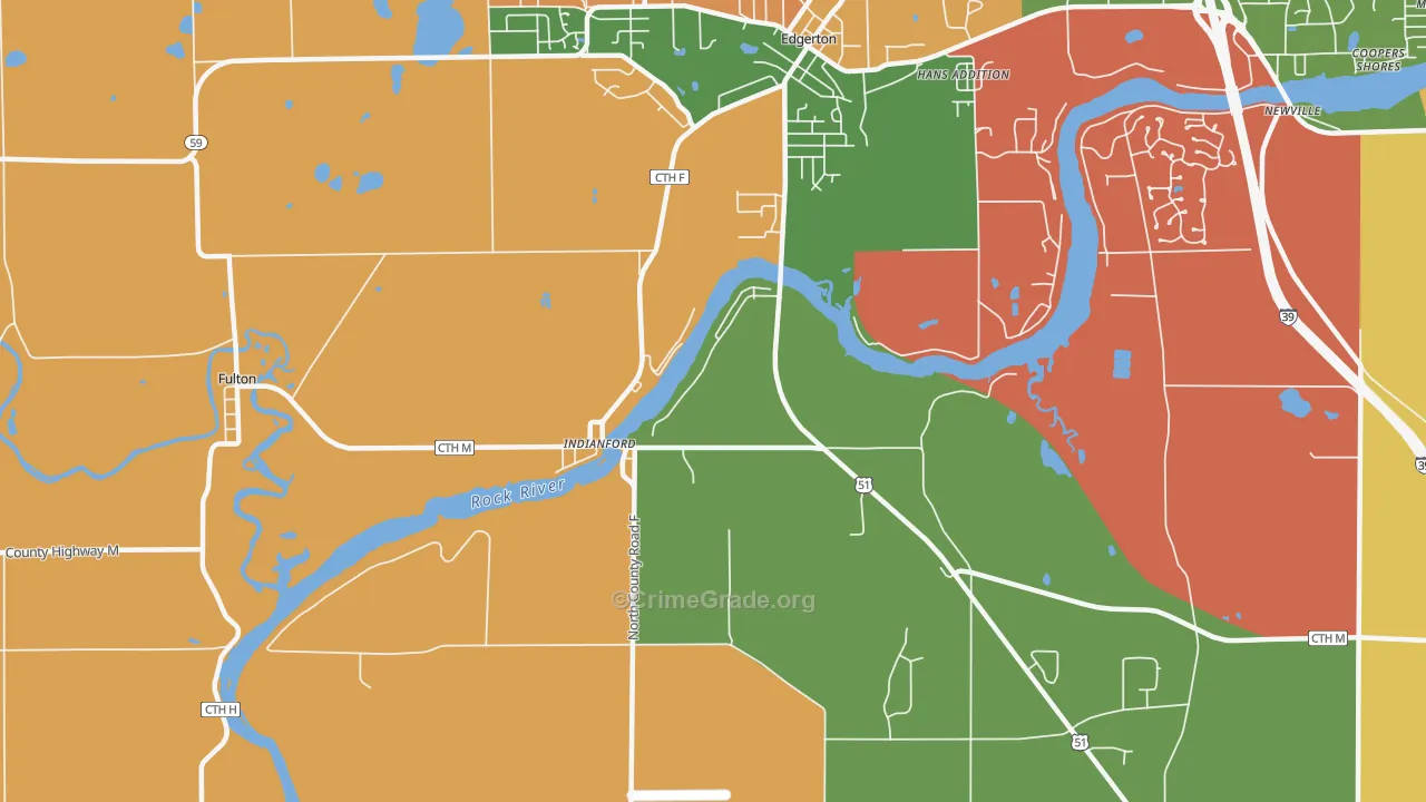 Indianford, WI Map of Robbery Rates