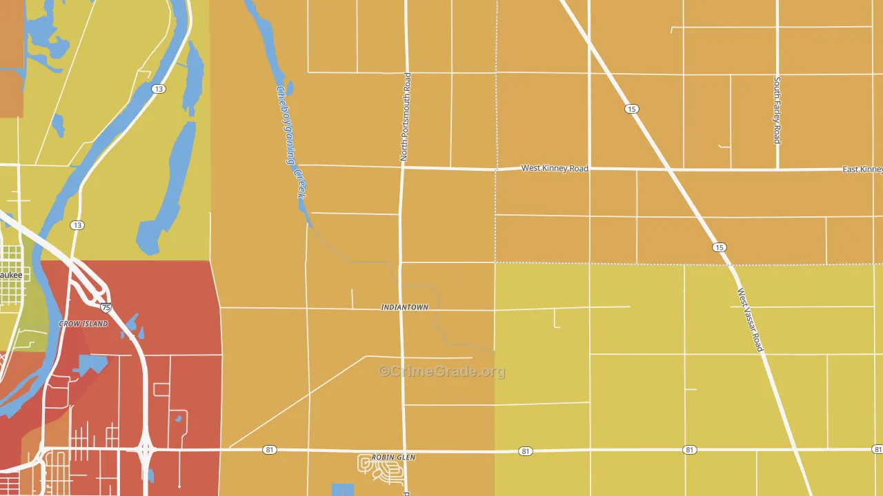 Indiantown, MI Map of Robbery Rates