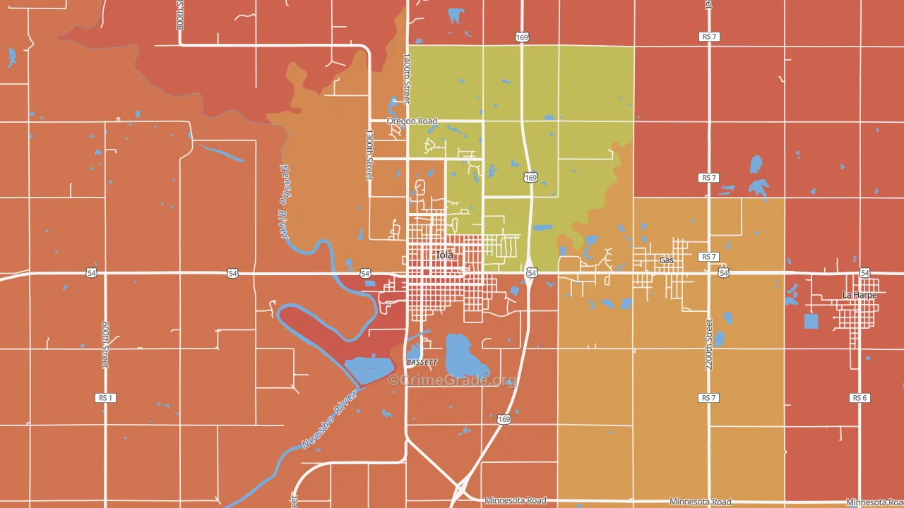 Iola, KS Map of Robbery Rates