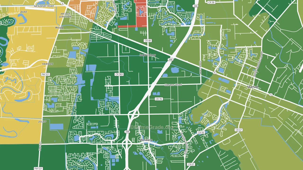Iowa Colony, TX Map of Robbery Rates