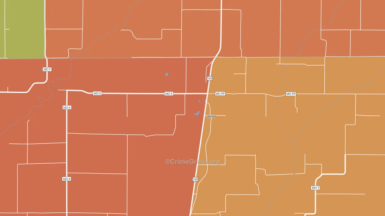 Irena, MO Map of Robbery Rates