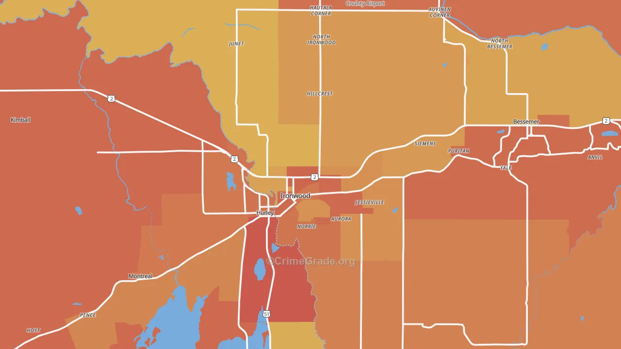 Ironwood, MI Map of Robbery Rates