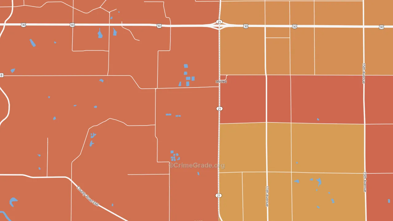 Irving, IA Map of Robbery Rates