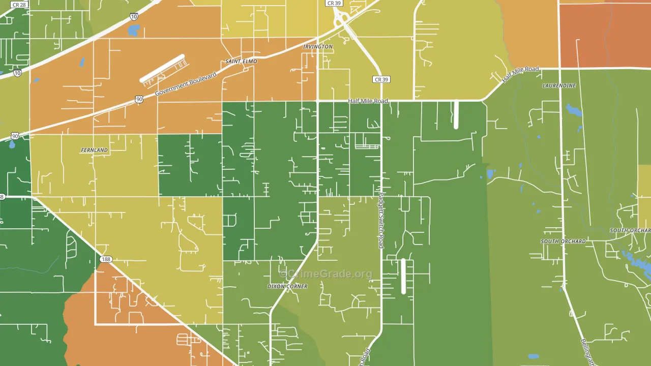 Irvington, AL Map of Robbery Rates
