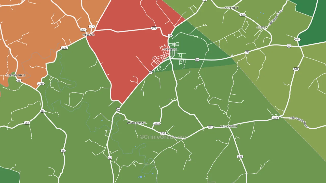 Irvington, KY Map of Robbery Rates