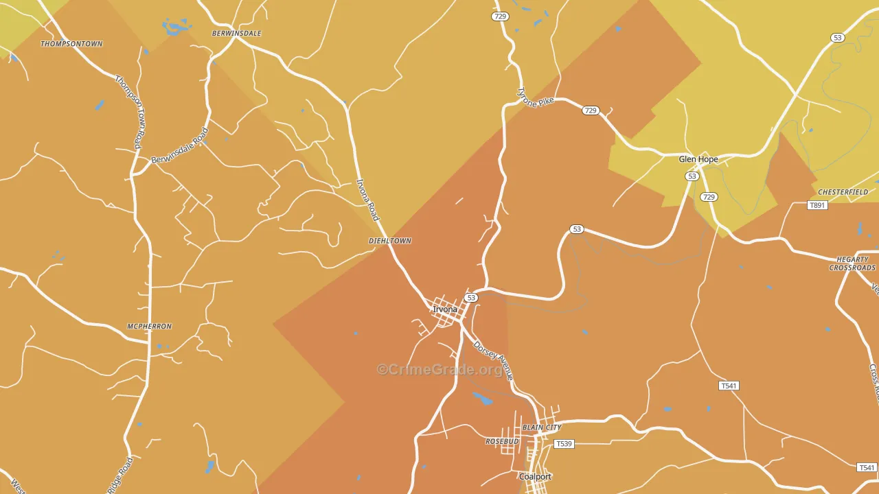 Irvona, PA Map of Robbery Rates