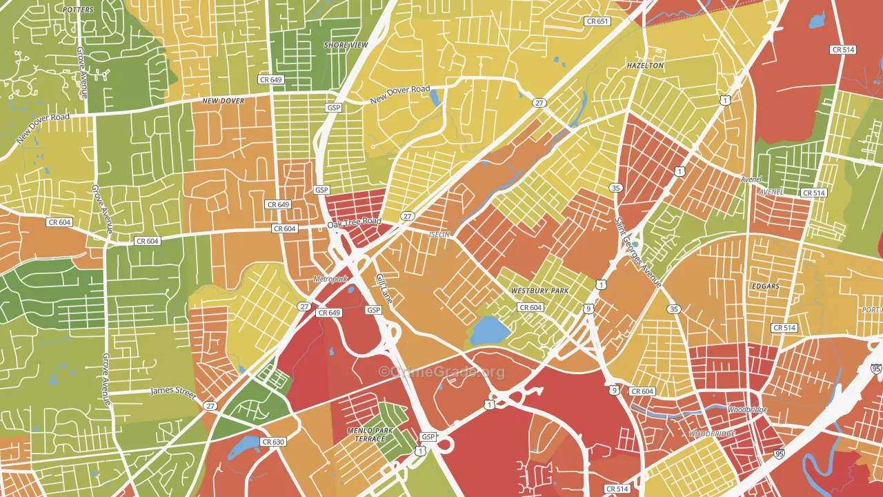 Iselin, NJ Map of Robbery Rates