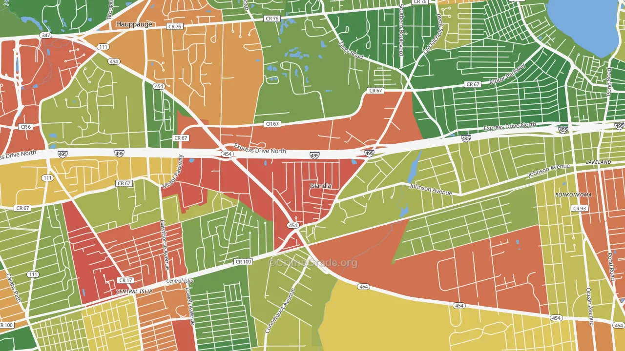 Islandia, NY Map of Robbery Rates