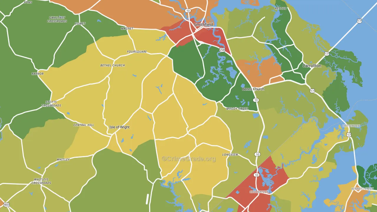 Isle of Wight County, VA Map of Robbery Rates