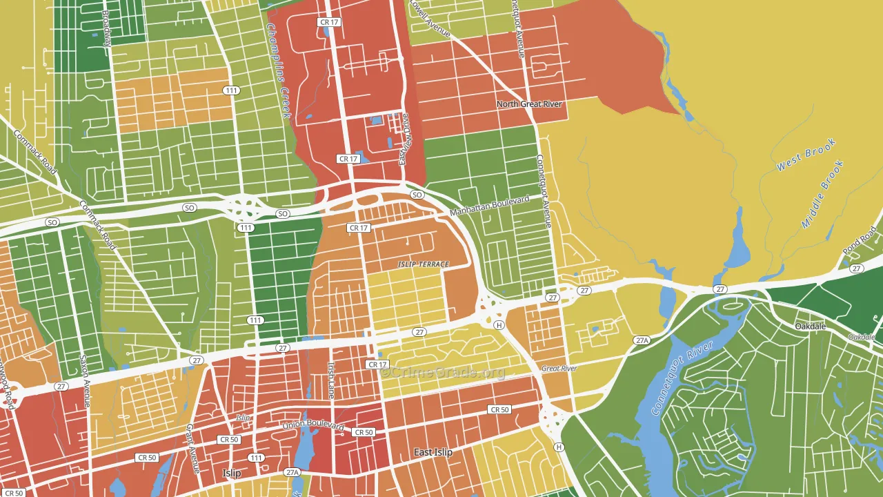 Islip Terrace, NY Map of Robbery Rates