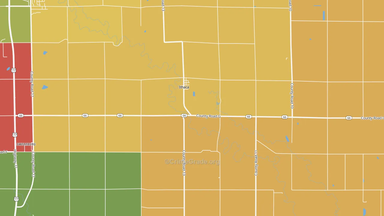 Ithaca, NE Map of Robbery Rates
