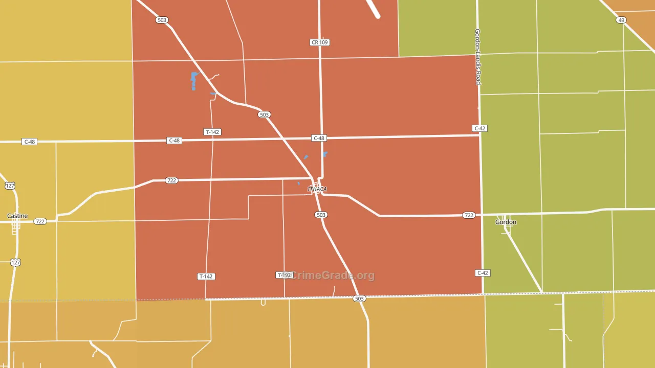 Ithaca, OH Map of Robbery Rates