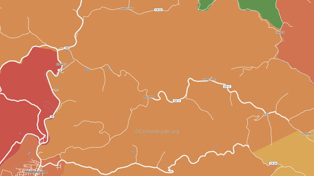 Iuka, WV Map of Robbery Rates