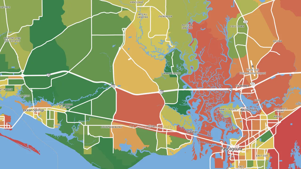 Jackson County, MS Map of Robbery Rates