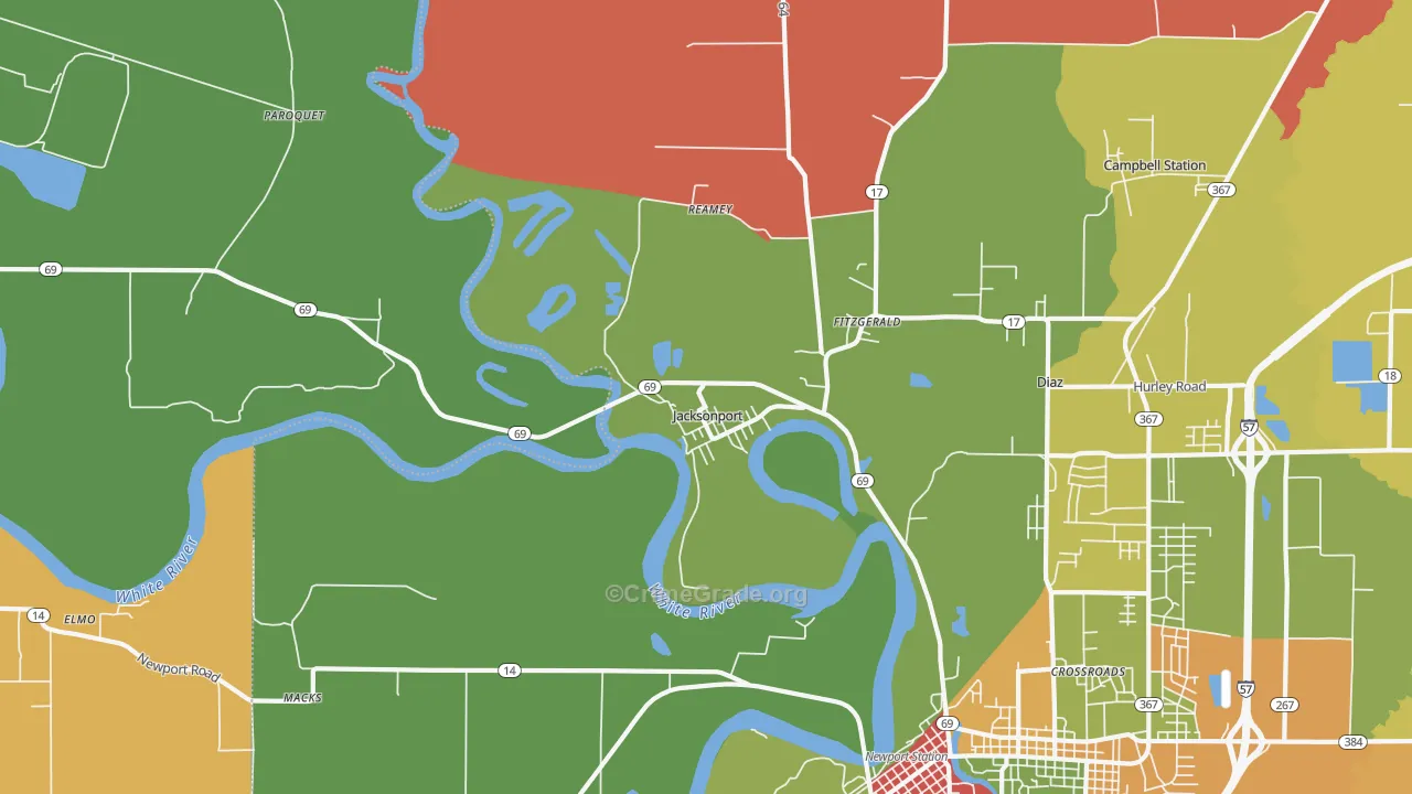 Jacksonport, AR Map of Robbery Rates