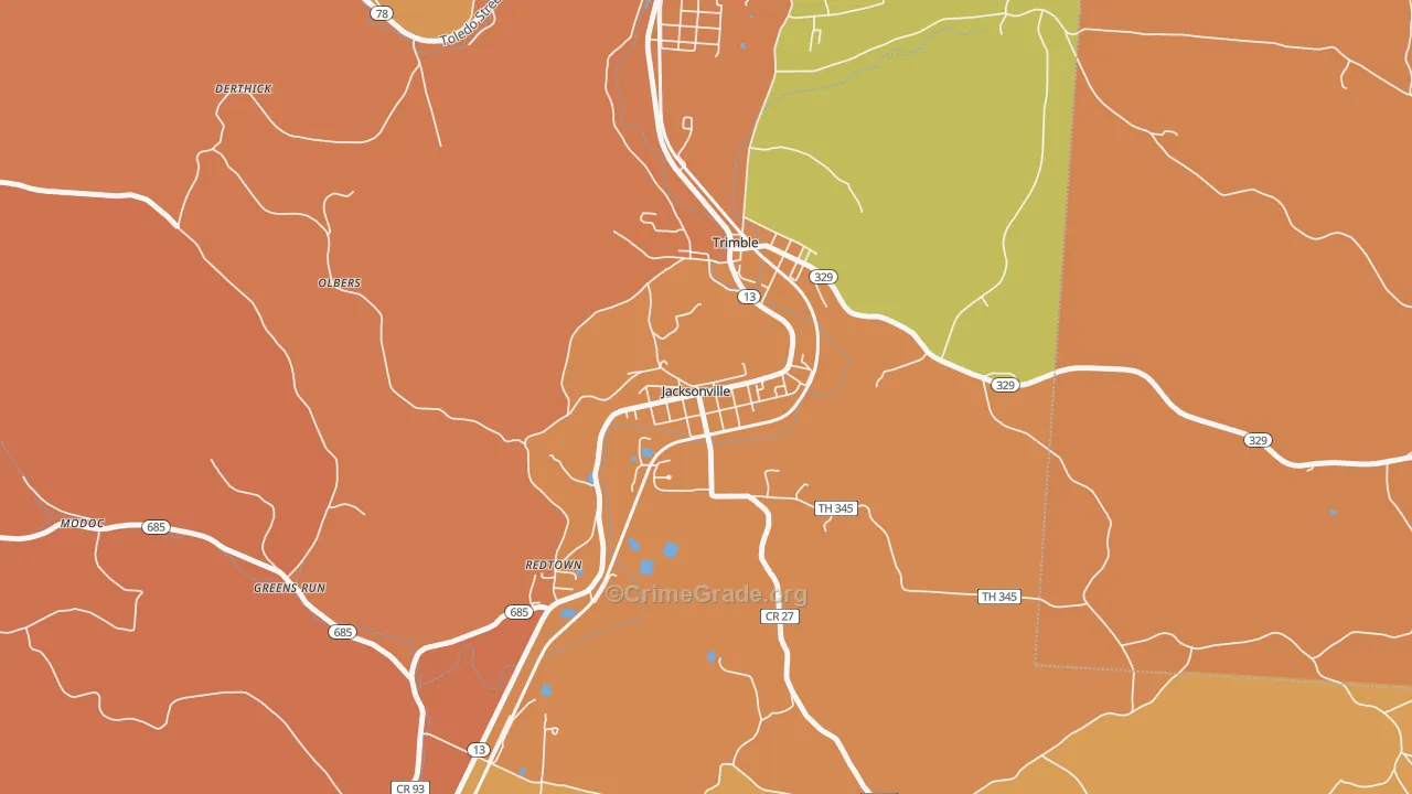 Jacksonville, OH Map of Robbery Rates