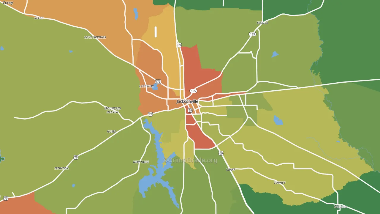Jacksonville, TX Map of Robbery Rates