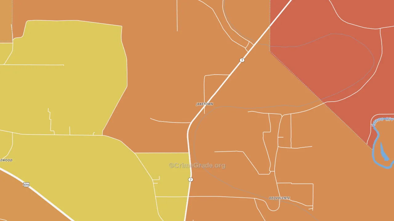Jaketown, MS Map of Robbery Rates