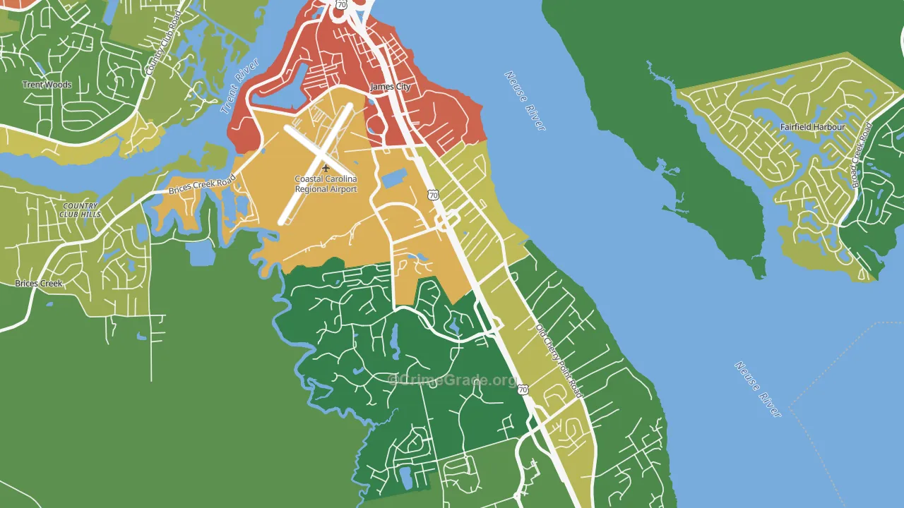James City, NC Map of Robbery Rates