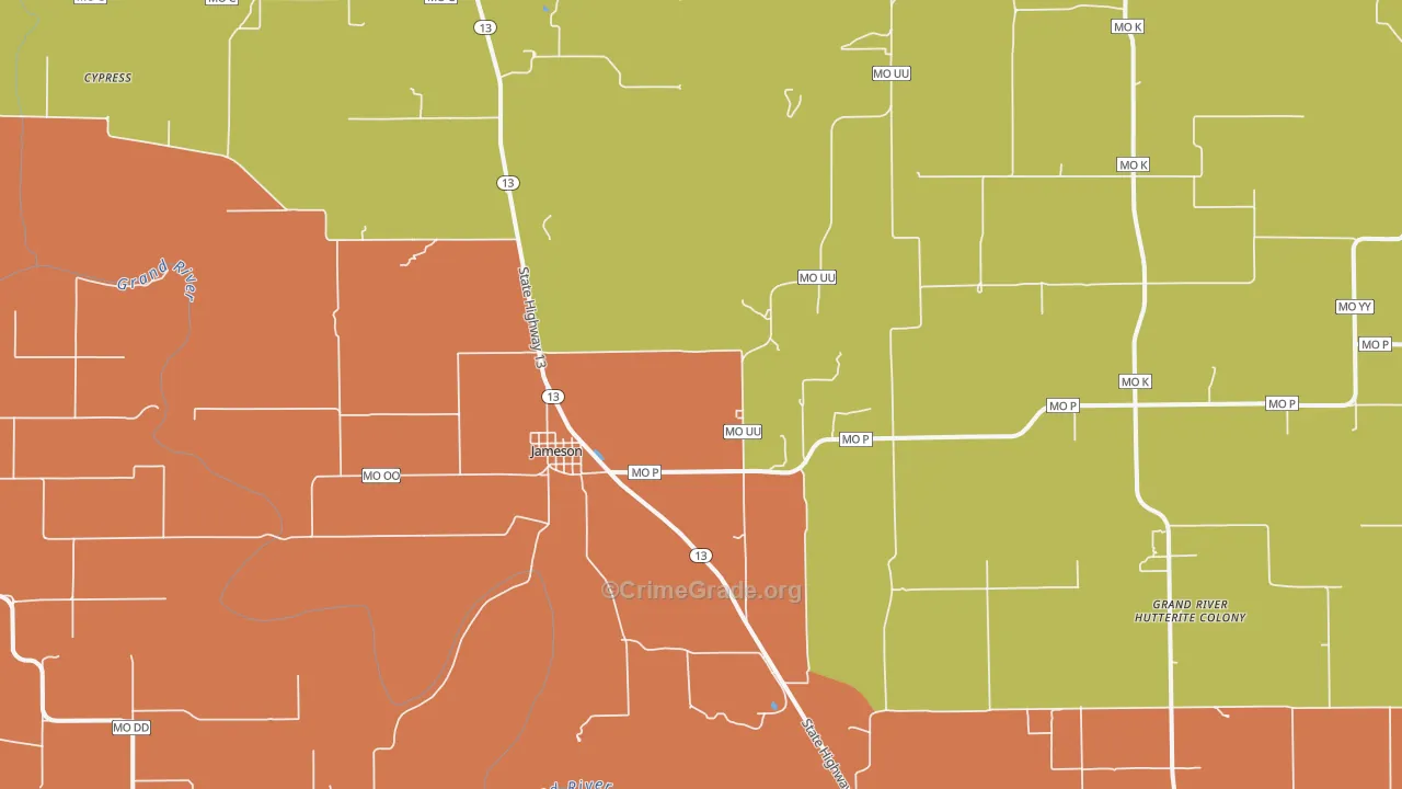 Jameson, MO Map of Robbery Rates