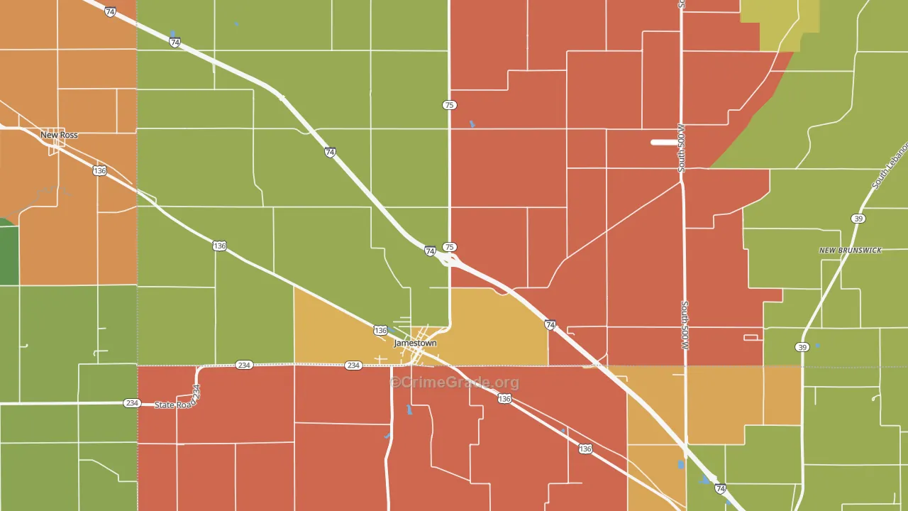 Jamestown, IN Map of Robbery Rates