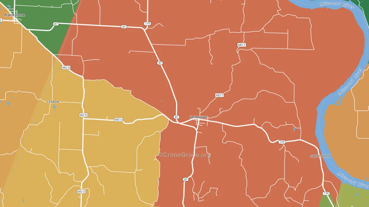 Jamestown, MO Map of Robbery Rates