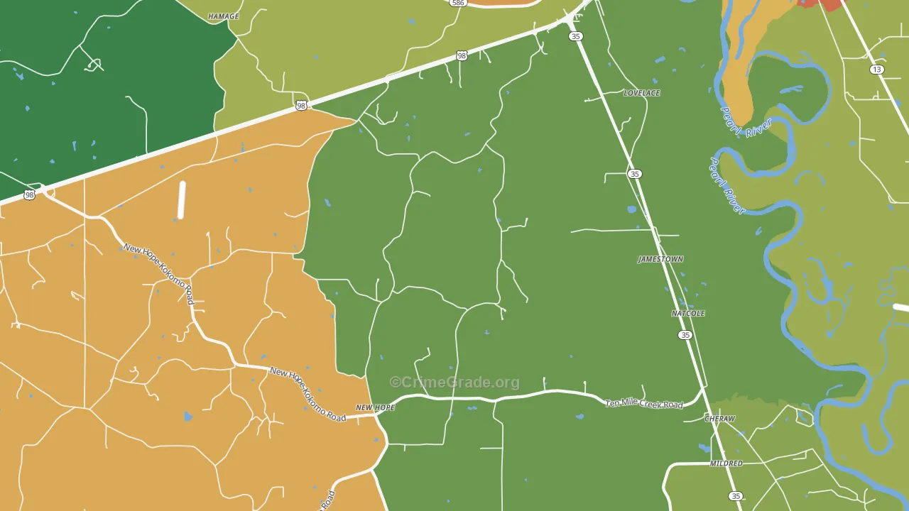 Jamestown, MS Map of Robbery Rates