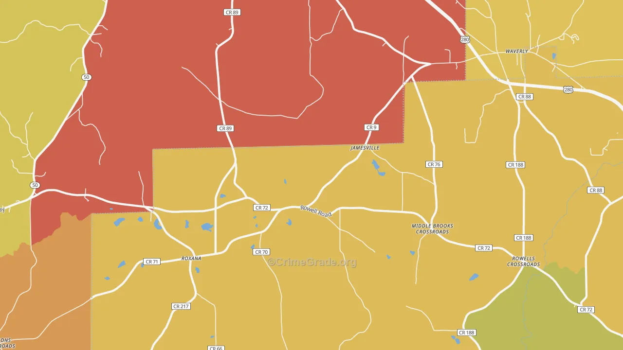 Jamesville, AL Map of Robbery Rates