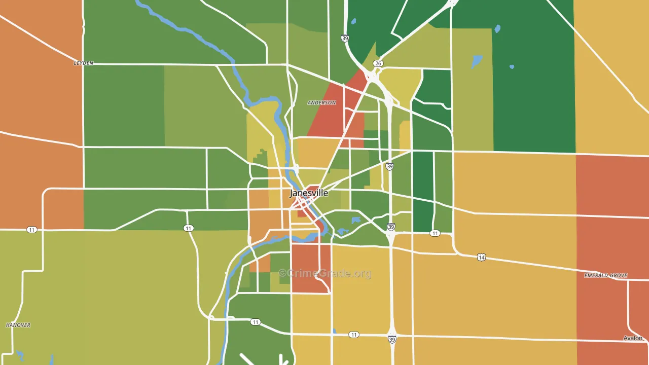 Janesville, WI Map of Robbery Rates