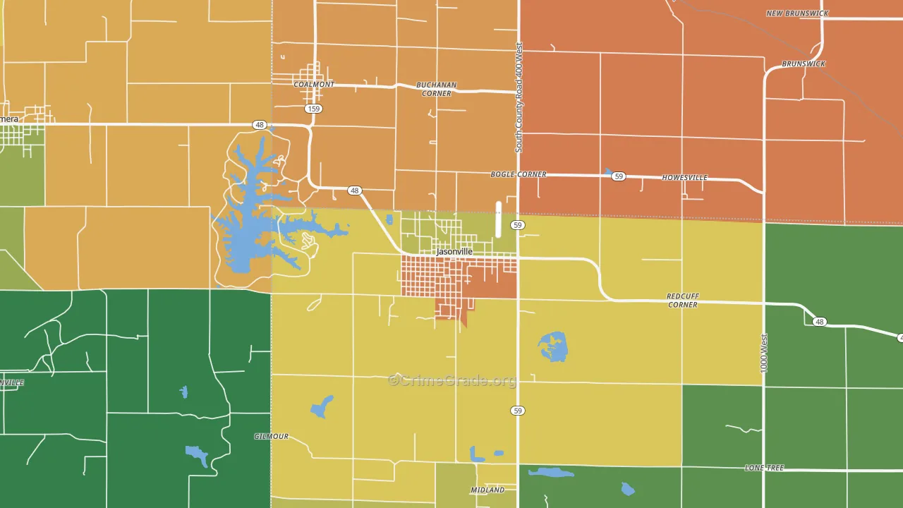 Jasonville, IN Map of Robbery Rates