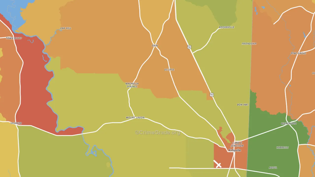 Jasper County, TX Map of Robbery Rates
