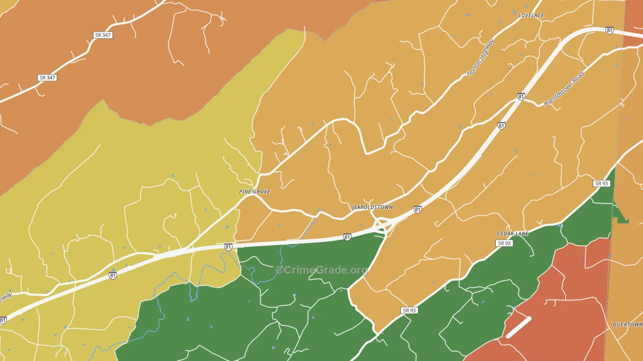 Jearoldstown, TN Map of Robbery Rates