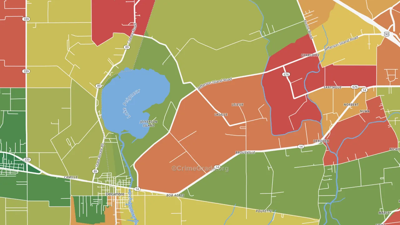 Jefferson Island, LA Map of Robbery Rates