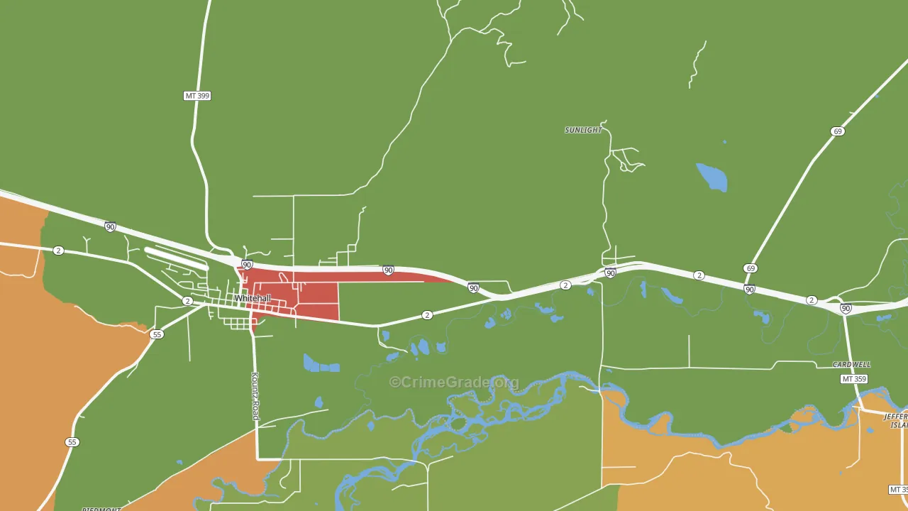 Jefferson Island, MT Map of Robbery Rates