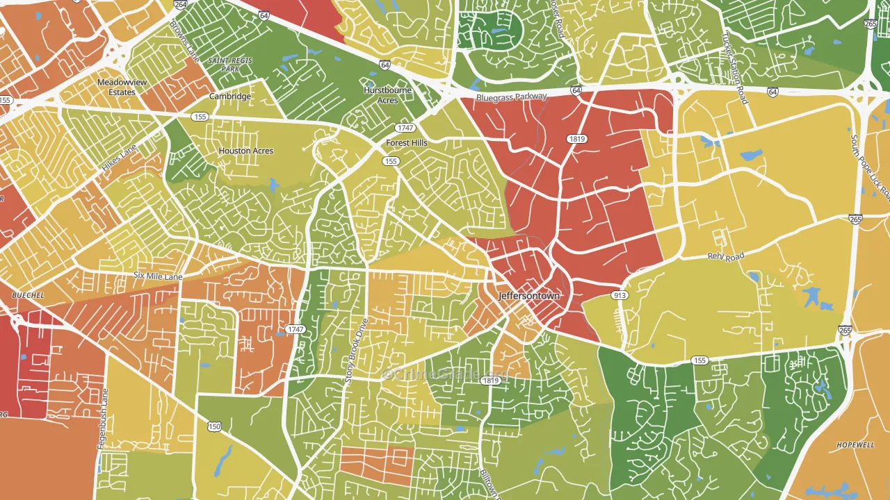 Jeffersontown, KY Map of Robbery Rates