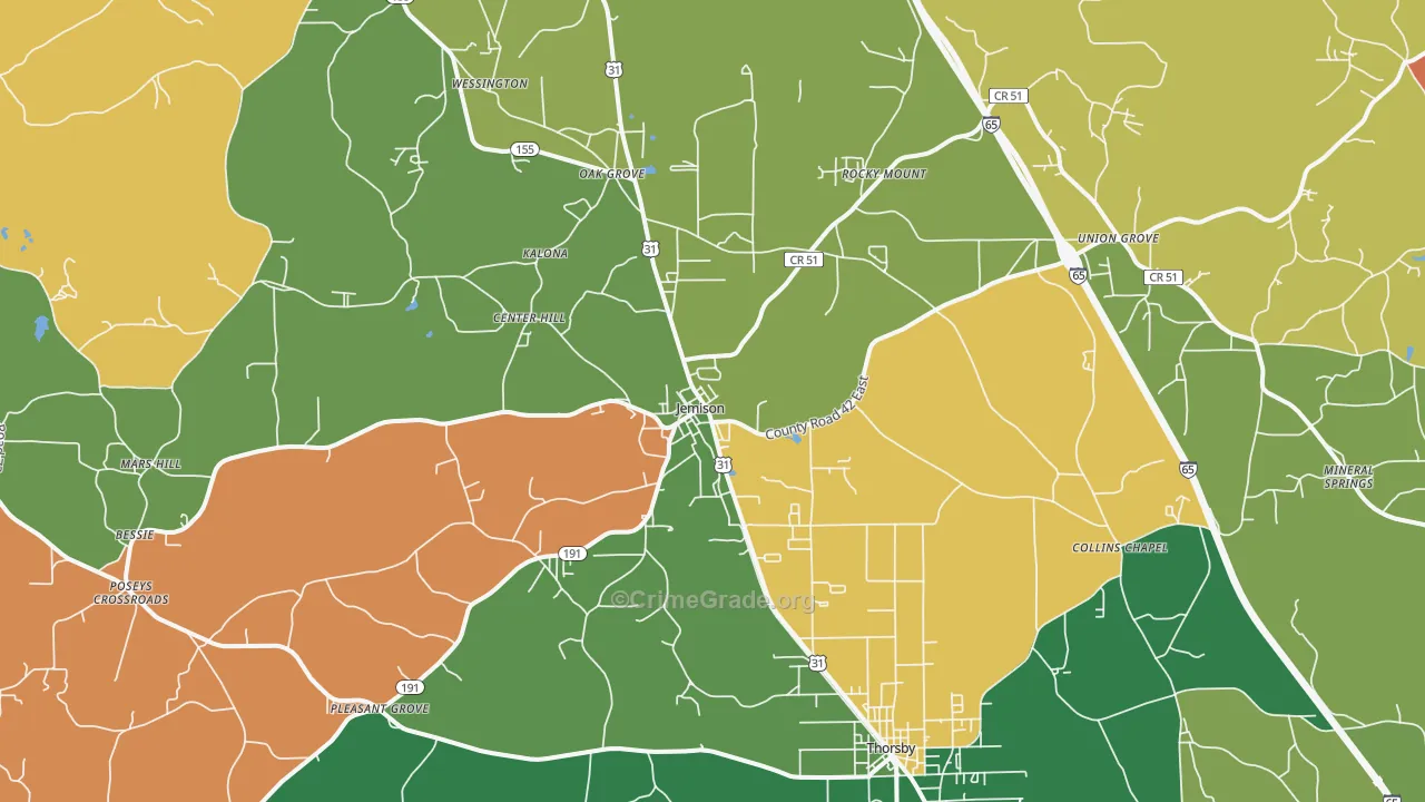 Jemison, AL Map of Robbery Rates