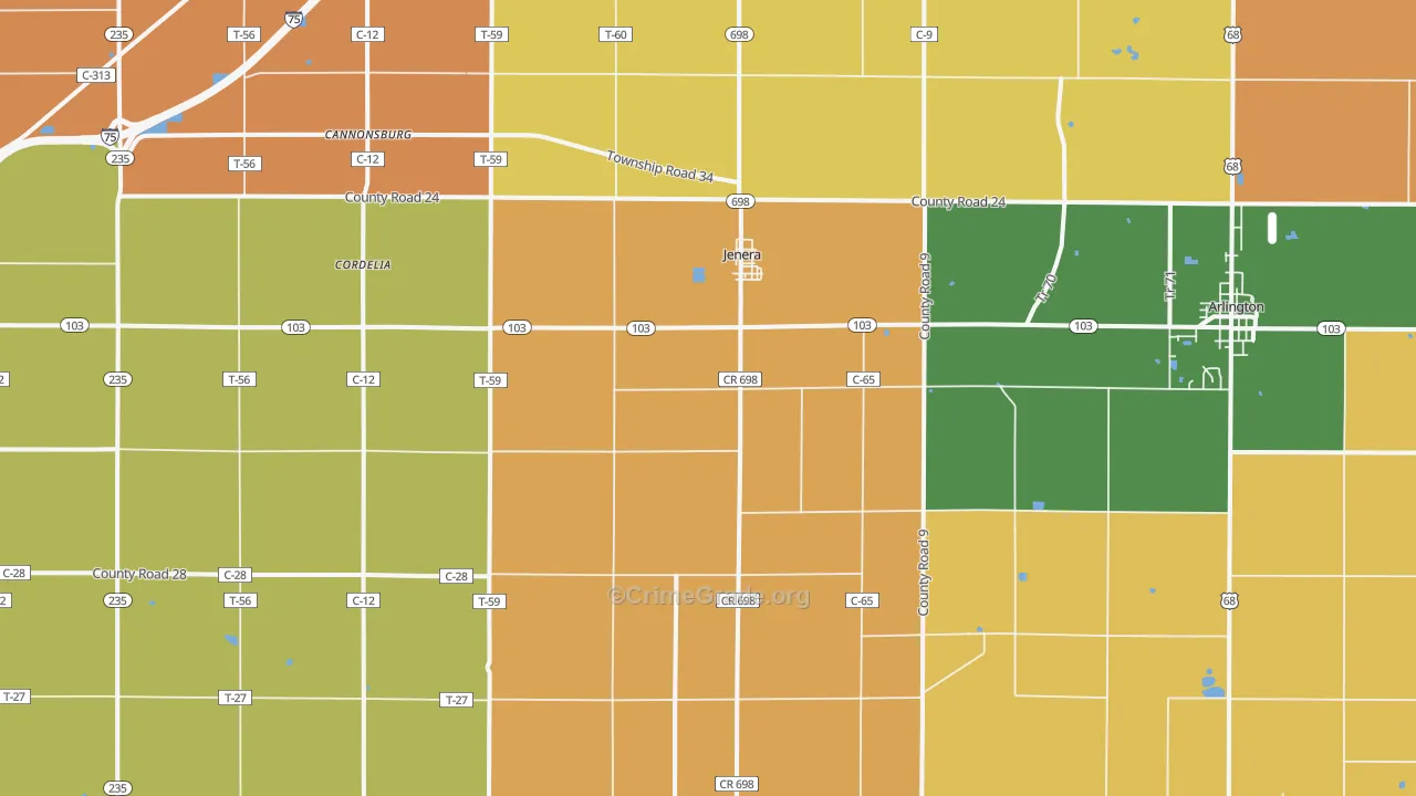 Jenera, OH Map of Robbery Rates