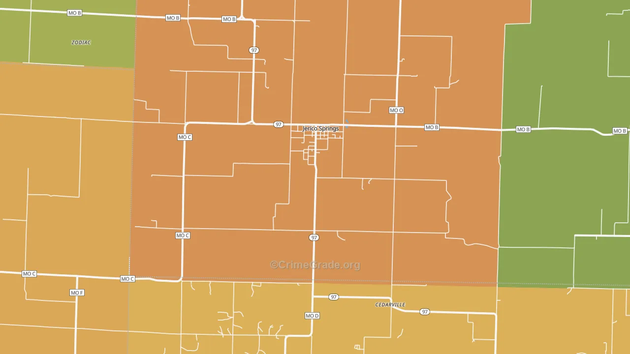 Jerico Springs, MO Map of Robbery Rates