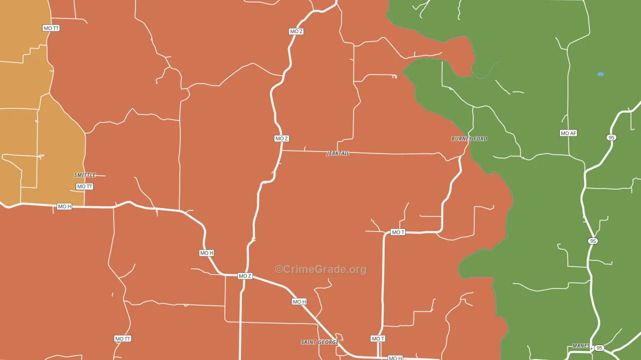 Jerktail, MO Map of Robbery Rates